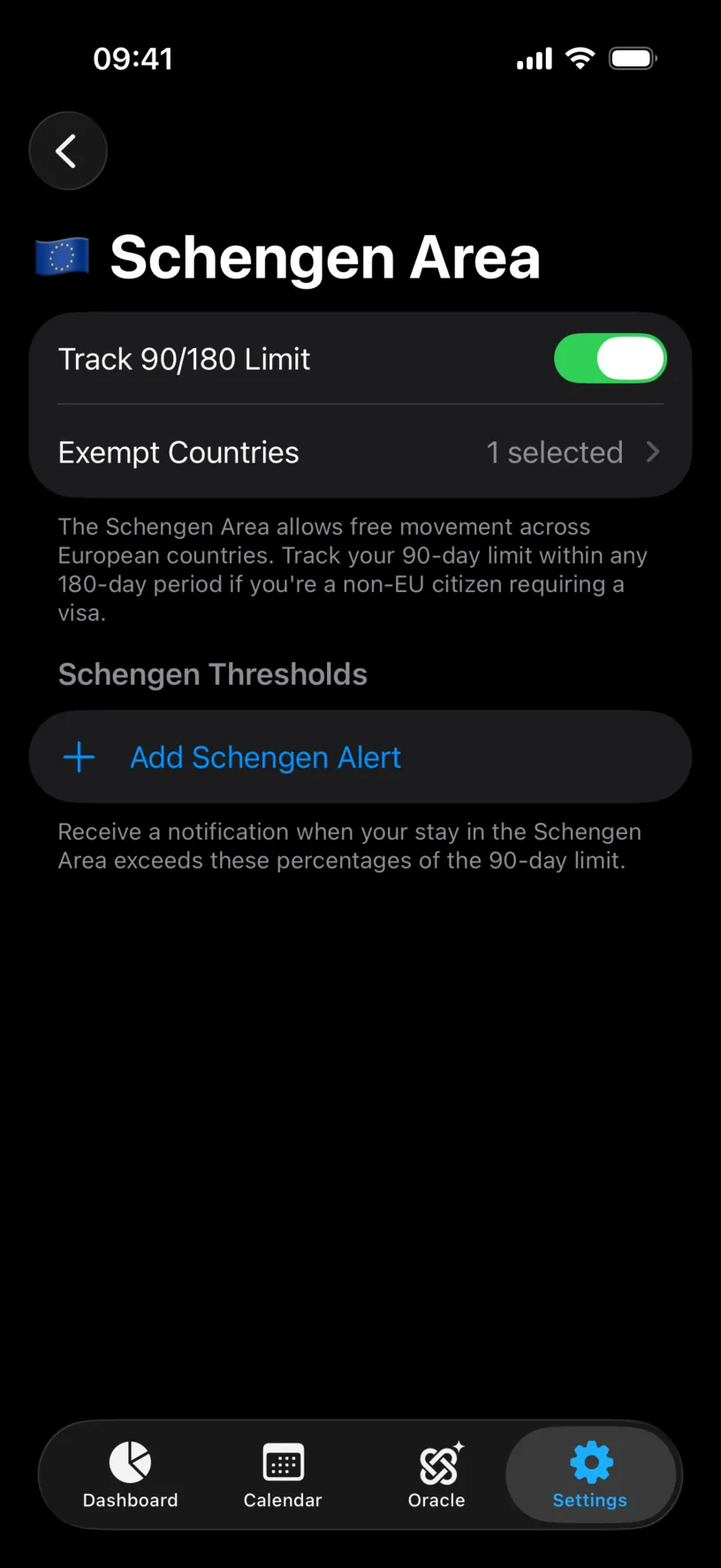 The Schengen Area settings screen with Track 90/180 Limit on, Exempt Countries and an Add Schengen Alert button