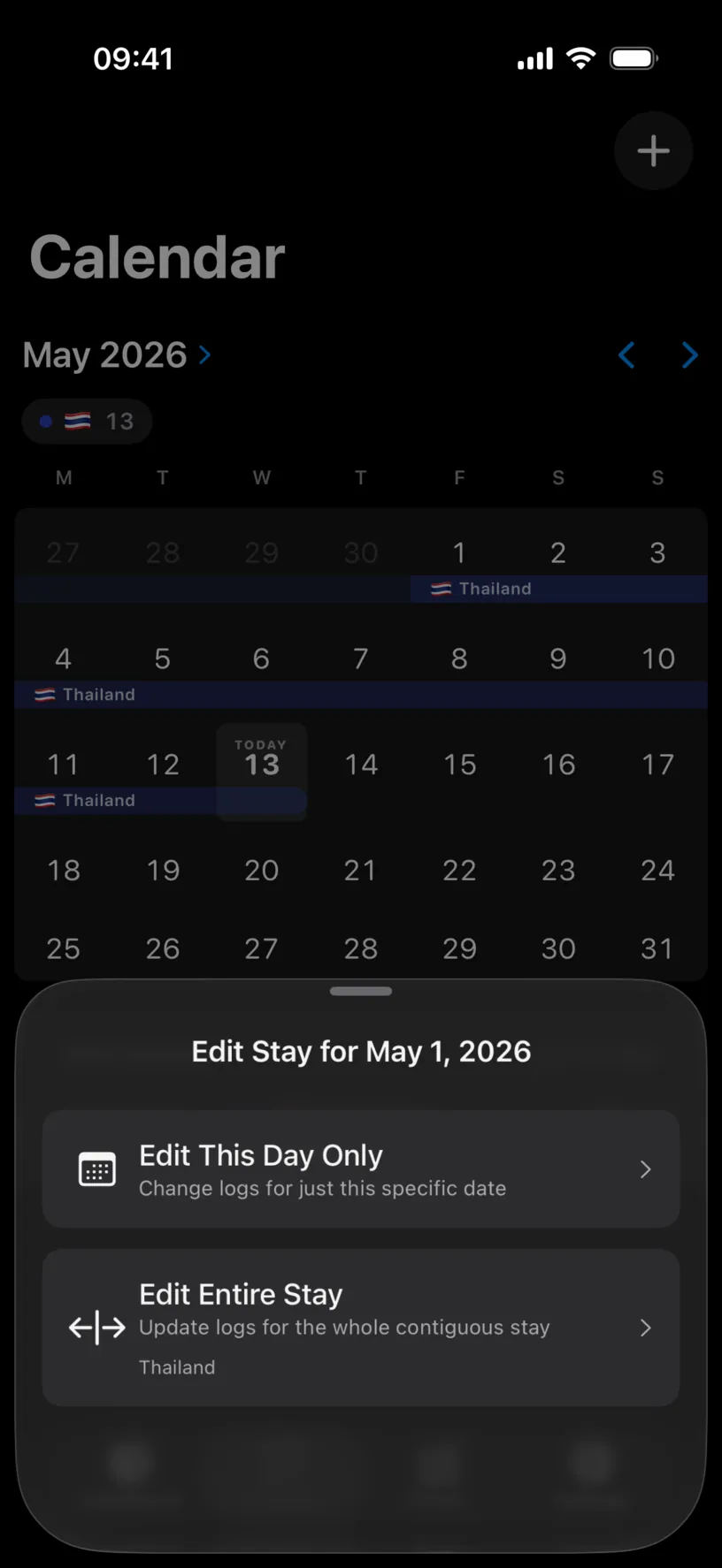 The Edit Stay for May 1, 2026 sheet over the calendar, offering Edit This Day Only and Edit Entire Stay for Thailand